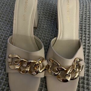 Madden Girl Cream Mules with Gold Chain Accent